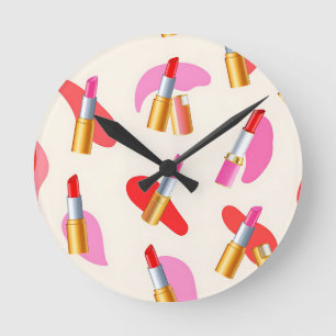 Playful Lipstick Beauty Glam Pattern Round Clock