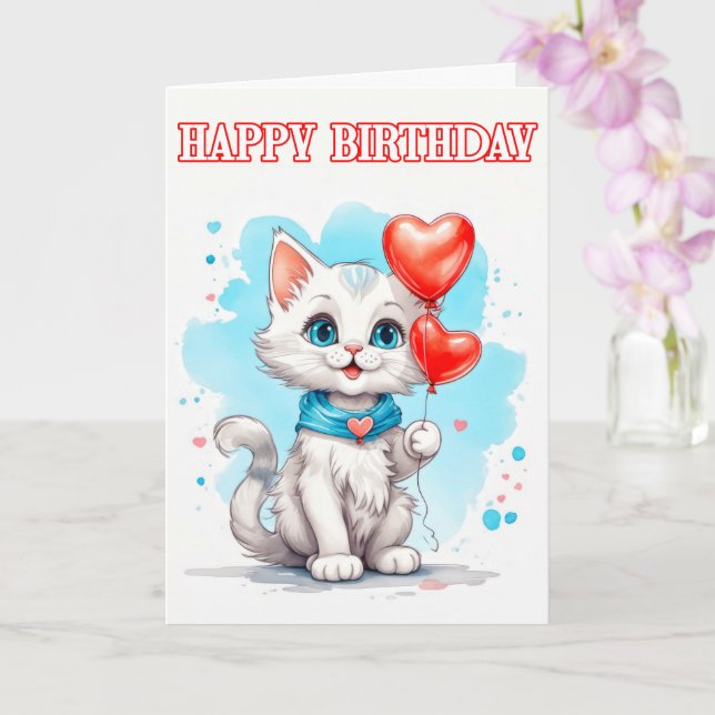 Playful Little Cat Happy Birthday Card (Orchid)