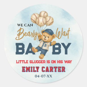 Playful Little Slugger Blue Baseball Baby Shower Classic Round Sticker