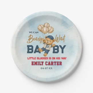 Playful Little Slugger Blue Baseball Baby Shower Paper Plate