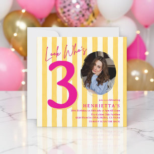 Playful Magenta 3 Photo Stripe Yellow birthday Invitation