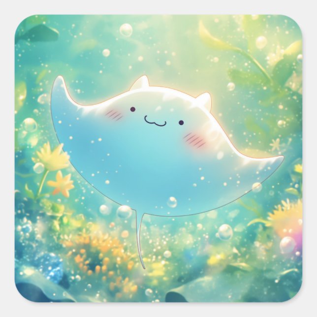 Playful Manta Ray in an Underwater Garden Square Sticker (Front)