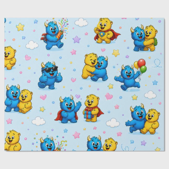 Playful Monster Friends Stars and Clouds Pattern Wrapping Paper (Flat)