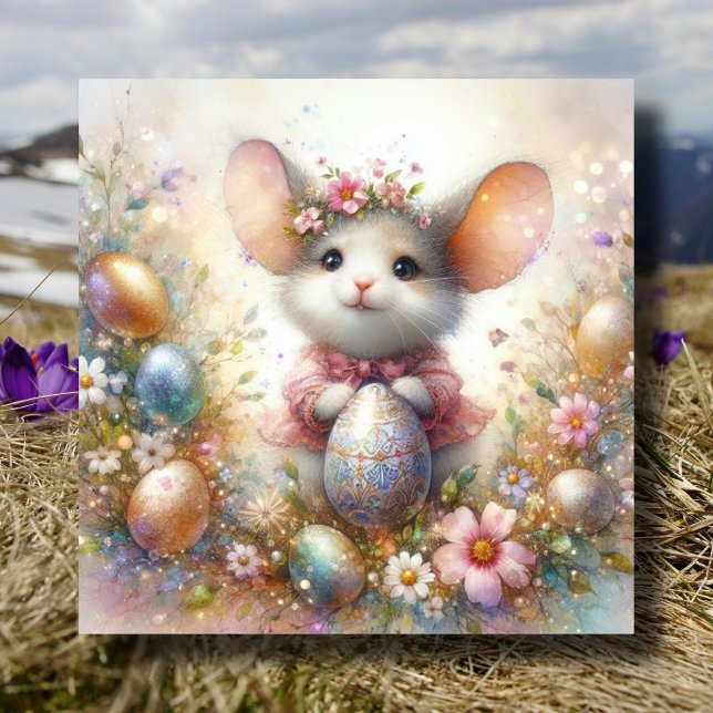 Playful Mouse in Blooming Easter Garden Holiday Card (Creator Uploaded)