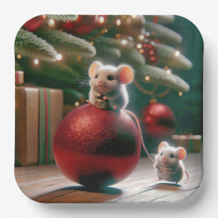 Playful Mouse On Red Christmas Ornament Paper Plate