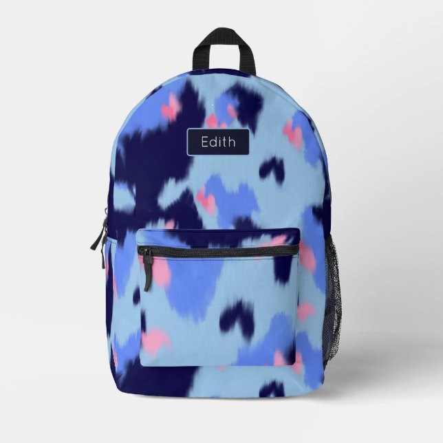 Playful navy and blue and pink pattern with name printed backpack (Front)