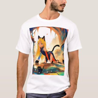 Playful Neko Girl & Kittens Anime T-Shirt