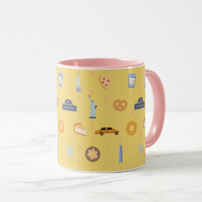 Playful NYC Icons & Landmarks Pattern Yellow Mug (Front Right)
