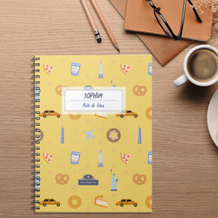 Playful NYC Pattern Yellow Name Spiral Notebook