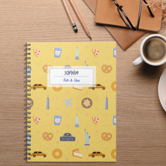 Playful NYC Pattern Yellow Name Spiral Notebook