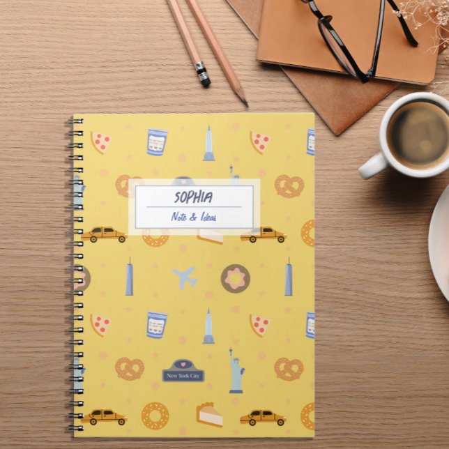 Playful NYC Pattern Yellow Name Spiral Notebook (Creator Uploaded)