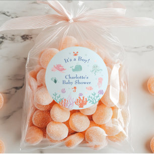 Playful Ocean Friends Blue Its A Boy Baby Shower Classic Round Sticker