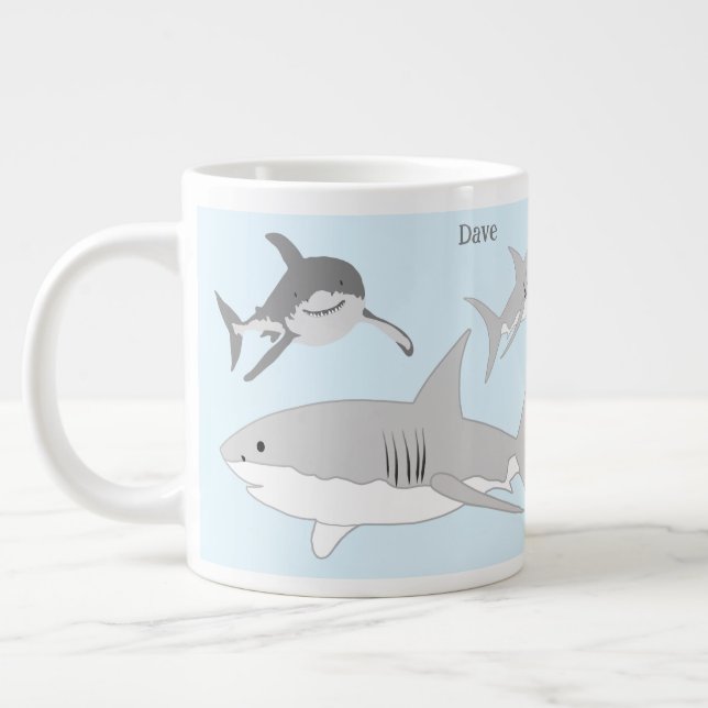 Playful Ocean Sharks Blue Design Large Coffee Mug (Left)