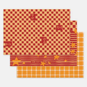 Playful Ochre & Red Vintage Stars & Chequerboard Wrapping Paper Sheet