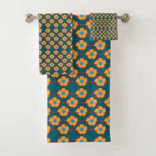 Playful Orange and Dark teal Floral Bath Towel Set