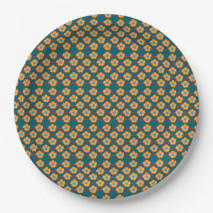 Playful Orange and Dark teal Floral Paper Plate