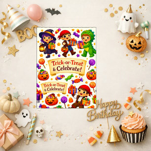 Playful Orange Cartoon Halloween Birthday Card