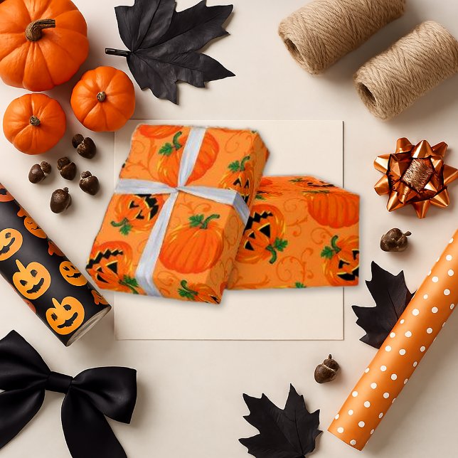 Playful Orange Cartoon Pumpkin Halloween Wrapping Paper (Creator Uploaded)