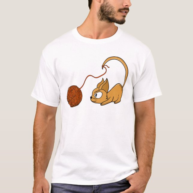 Playful Orange Cat Chasing Yarn T-Shirt (Front)