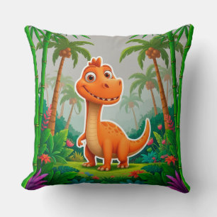Playful Orange Dinosaur in Lush Jungle Setting Cushion