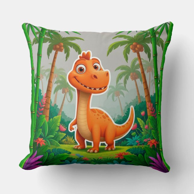 Playful Orange Dinosaur in Lush Jungle Setting Cushion (Front)