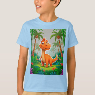 Playful Orange Dinosaur in Lush Jungle Setting T-Shirt