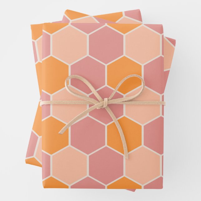 Playful Orange & Pink Sunny Honey Bee Hexagon Wrapping Paper Sheet (In situ)