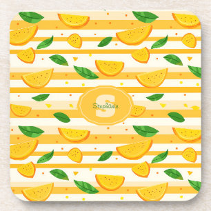Playful Orange Slice Pattern with Green Leaves Coaster