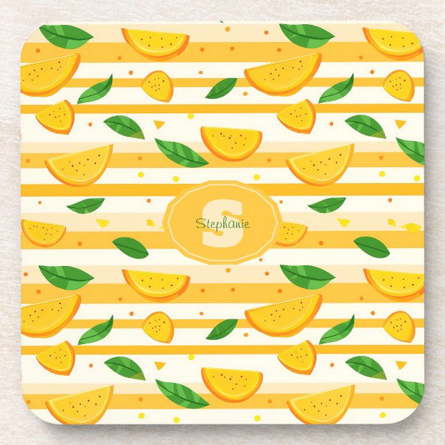 Playful Orange Slice Pattern with Green Leaves Coaster (Front)