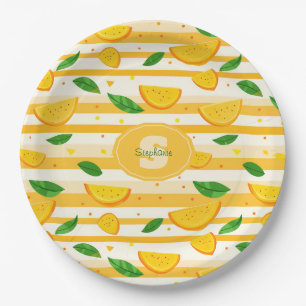Playful Orange Slice Pattern with Green Leaves Paper Plate