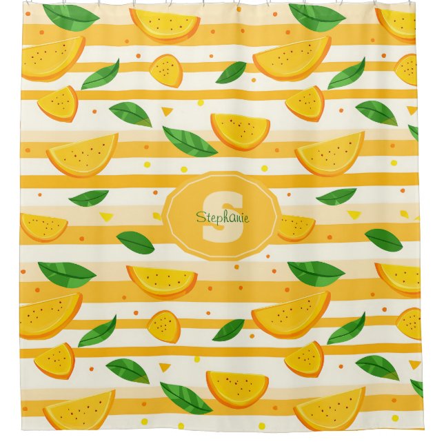 Playful Orange Slice Pattern with Green Leaves Shower Curtain (Front)