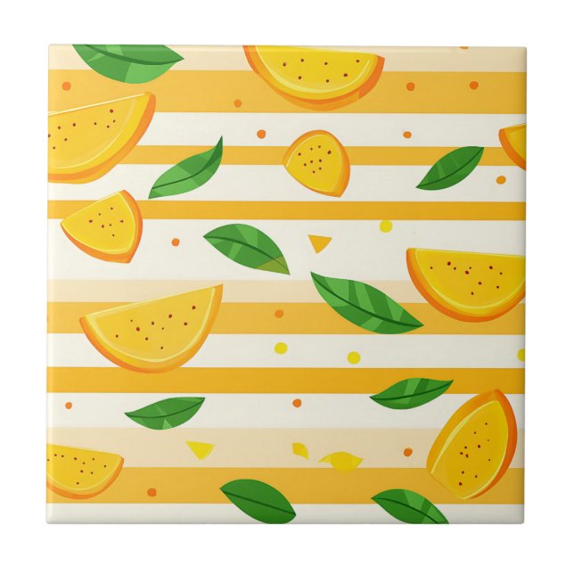 Playful Orange Slice Pattern with Green Leaves Tile (Front)