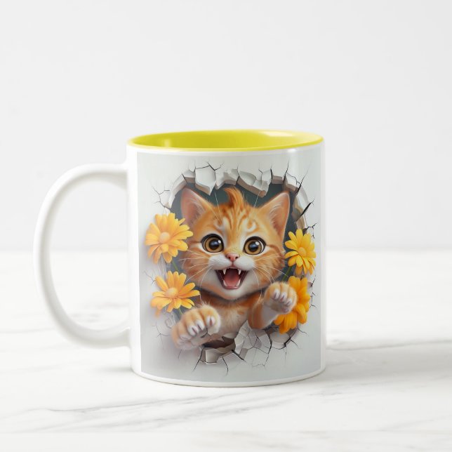 Playful Orange Tabby Kitten Breaking Through A Cra Two-Tone Coffee Mug (Left)