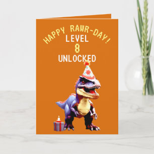 Playful Orange & White Trex Pixel Game Birthday Card