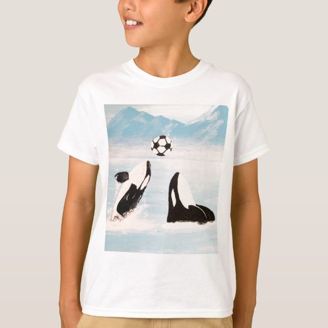PLAYFUL ORCA WHALE WHALES PLAYING SOCCER T-Shirt (Front)