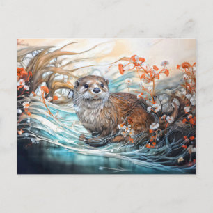 Playful otter in pond with reflections holiday postcard