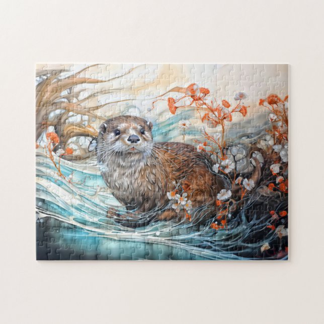 Playful otter in pond with reflections jigsaw puzzle (Horizontal)