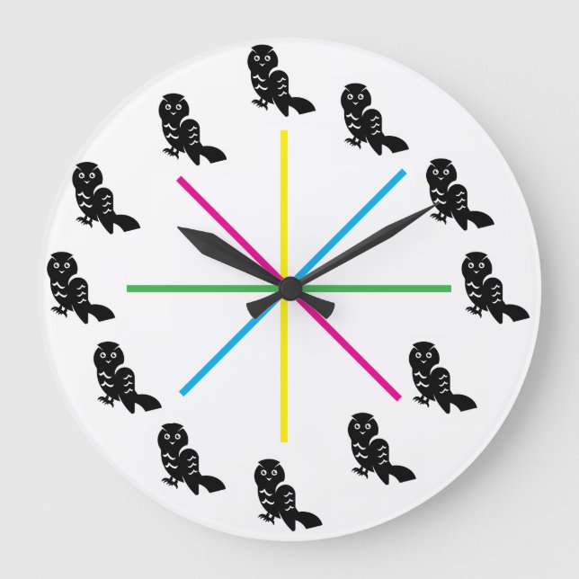 Playful Owl Wall Clock – Rainbow Stripes (Front)