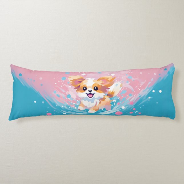 Playful Papillon Pup: Splash of Pink and Blue Body Cushion (Front)