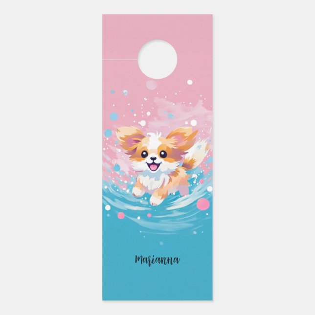 Playful Papillon Pup: Splash of Pink and Blue Door Hanger (Front)