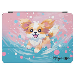 Playful Papillon Pup: Splash of Pink and Blue iPad Air Cover