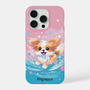 Playful Papillon Pup: Splash of Pink and Blue iPhone 15 Pro Case