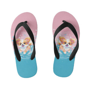 Playful Papillon Pup: Splash of Pink and Blue Kid's Jandals