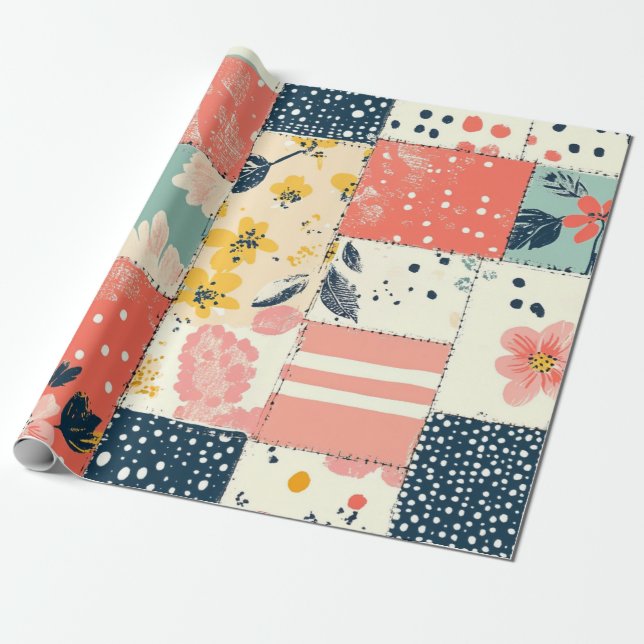 Playful Pastel Floral Patchwork Pattern Wrapping Paper (Unrolled)