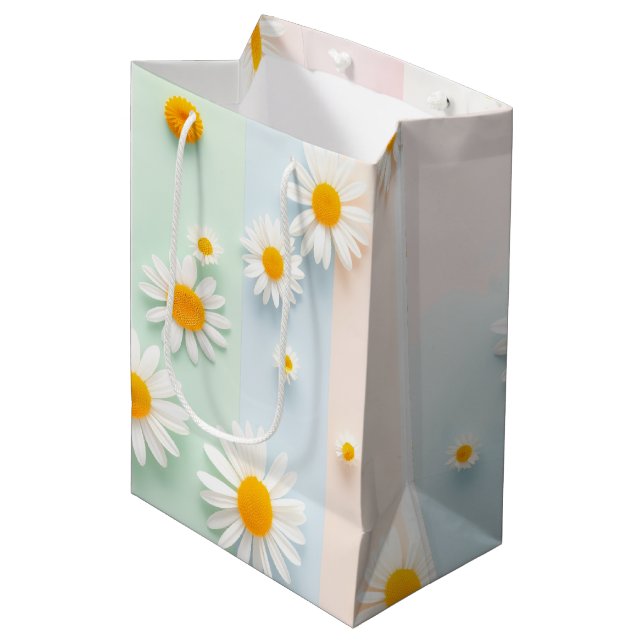 Playful Pastel Stripe White Daisy  Spring Medium Gift Bag (Front Angled)