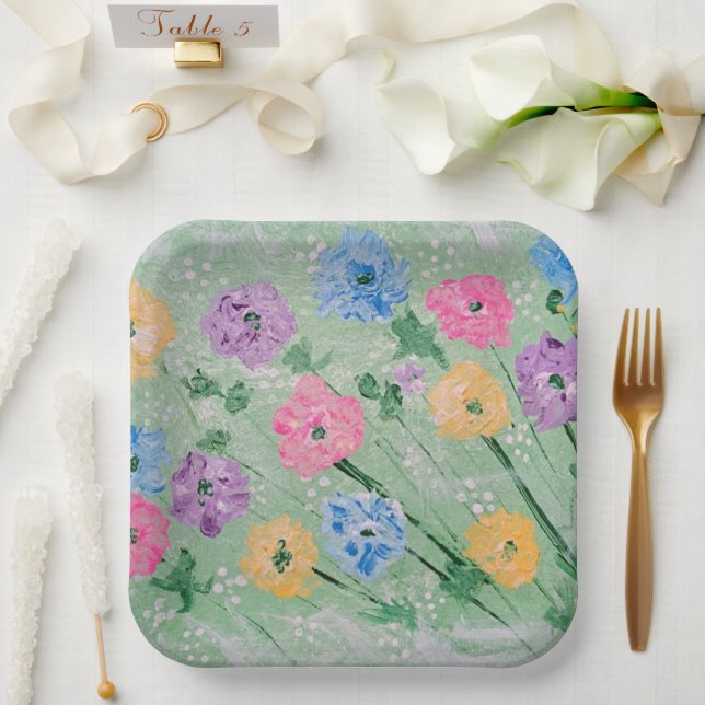 Playful Pastels Floral, 9" Square Paper Plates (Wedding)