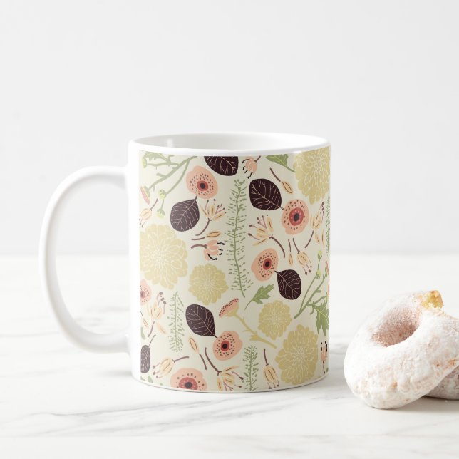 Playful Peach Cream Patterned Flowers Coffee Mug (With Donut)