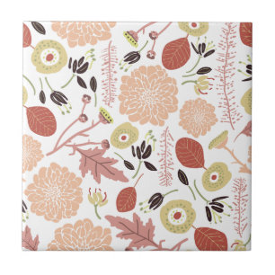 Playful Peach Green Illustrated Flowers Leaves Tile