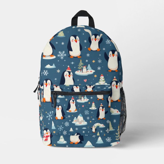 Playful Penguin Pattern Printed Backpack (Front)
