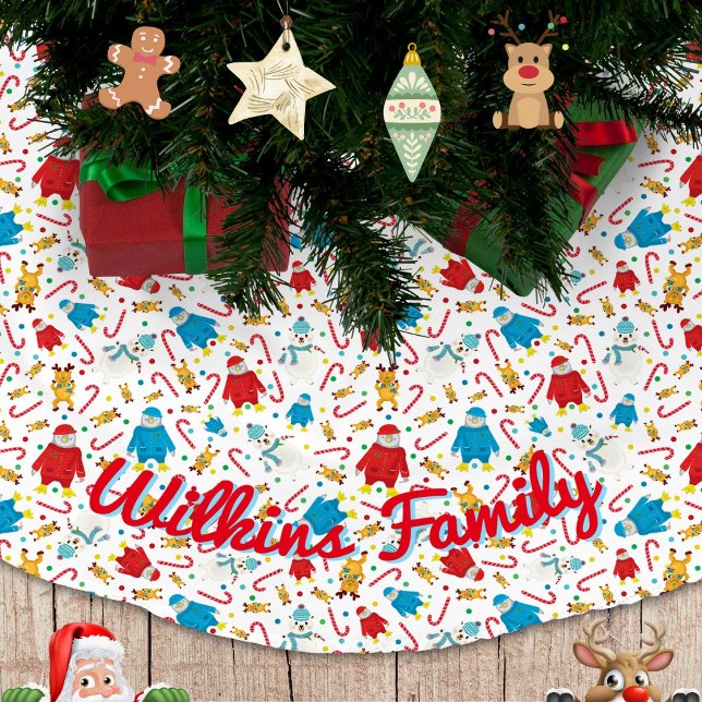 Playful Penguin Reindeer Snowman Design Brushed Polyester Tree Skirt (Christmas Penguins Reindeer and Polar Bears Personalized Tree Skirt)